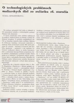 O technologických problémoch maliarskych diel zo začiatku 16. storočia
