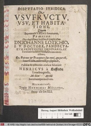 Disputatio Iuridica, De Usufructu, Usu, Et Habitatione