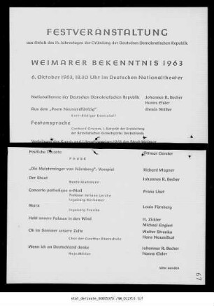 Festveranstaltung aus Anlaß des 14. Jahrestages [...] der Deutschen Demokratischen Republik Weimarer Bekenntnis 1963