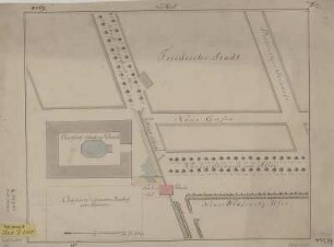 Plan der Gegend um die Schäferei in Dresden-Friedrichstadt, Handzeichnung, um 1780 : [Plan der Gegend um die Schäferei in Dresden-Friedrichstadt]. - [Ca. 1:700] - [S.l.] , [um 1780]. - 1 Kt. : kolor. Handzeichng. ; 38 x 31 cm