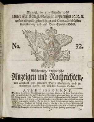 No. 32. Montags, den 11ten Augusti, 1766.