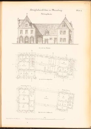 Schloss Merseburg: Nebengebäude:Ansicht der Südseite, Grundrisse EG, 1.OG 1:100