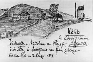 Coswig-Kötitz. Windmühle mit Müllerhaus am Elbufer, Schiffsmühle in der Elbe, Zeichnung nach einem Stich von Langer, 1875, Repro