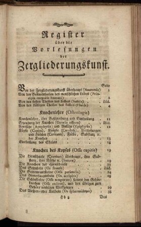 Register über die Vorlesungen der Zergliederungskunst.