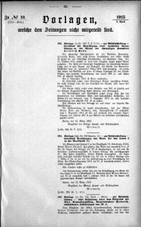 Anlage: zu No.19 (193-200), Vorlagen, welche den Zeitungen nicht mitgeteilt sind