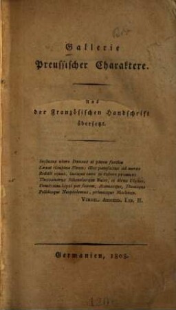 Gallerie preussischer Charaktere : aus d. franz. Handschrift übers.