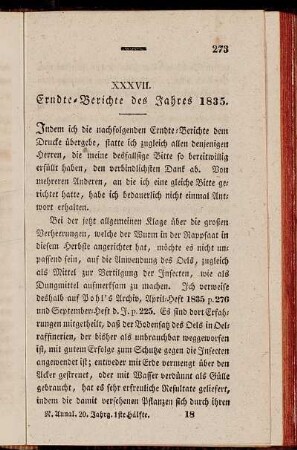 XXXVII. Erndte-Berichte des Jahres 1835