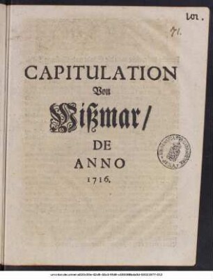 Capitulation Von Wißmar, De Anno 1716.