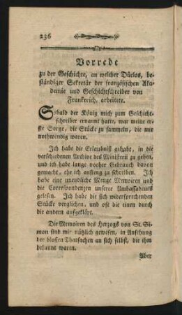 Vorrede zu der Geschichte, an welcher Düclos, beständiger Sekretär der französischen Akademie und Geschichtschreiber von Frankreich, arbeitete