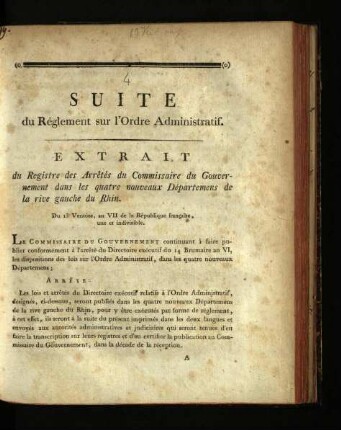 Suite du règlement sur l'ordre administratif / Mayence, 13. ventôse, an VII [3. März 1799]