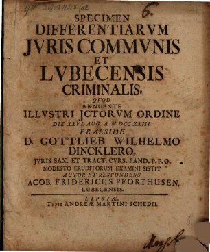 Specimen Differentiarvm Jvris Commvnis Et Lvbecensis Criminalis