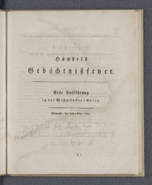 Erste Aufführung in der Westmünster-Abtey. Mittwoch, den 26sten May 1784.