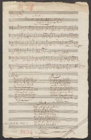 Sorento, V, pf, V, guit, F-Dur - BSB Mus.Schott.Ha 3543-2 : [heading, V, with red chalk:] N|o 309 // [with ink:] Romance N|o 6 Sorento. // Barcarolle nach dem Französischen von J. D. Anton // componirt von Amadeus [crossed out: von] de Beauplan.