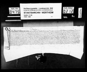 Batt Heinrich Schliderer von Lachen, Amtmann auf Madenburg bekennt, dass ihm Graf Wolfgang zu Löwenstein (Lewenstein), Herr zu Scharfeneck, benannte Güter zu Walsheim bei Landau (Lauda) und zu Lachen verliehen hat.