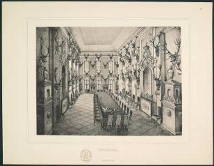 Hauptsäle des königl. Jagdschlosses Moritzburg. Gezeichnet von Paul Schulze. Dresden, 1897. Album mit Drucken nach Zeichnungen, Blatt II, Speisesaal, 36,3 x 28,0 cm (Blattformat). Dresden: SLUB Hist.Sax.H.70.m