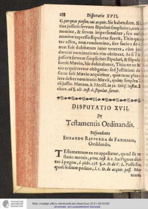 Disputatio XVII. De Testamentis Ordinandis