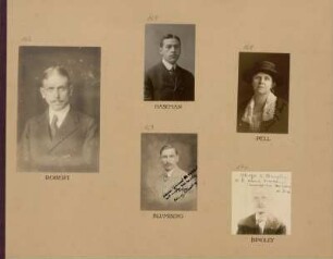 Bl. 35: Fotografien der Mathematiker Eugène [?] Robert, Charles Haseman, Anna Johnson Pell, Henry Blumberg und George Althoff Bingley, 1920 - 1922