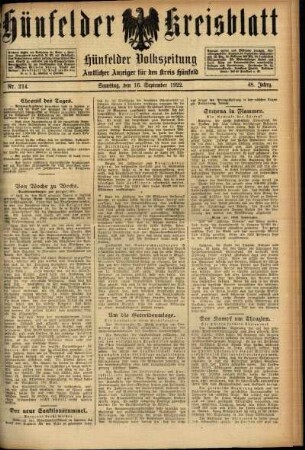 Ausgabe vom Samstag, den 16. September 1922.
