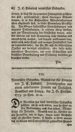 Vermischte Gedanken. Manuscript für Freunde.