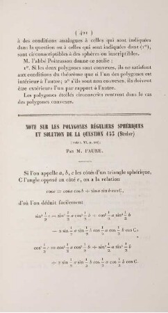 Note sur les polygones réguliers sphériques et solution de la question 153 (Strebor).