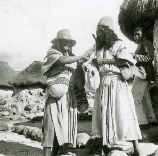 Les arhuacos se saluent en s'échangeant des feuilles de coca (Hayo)