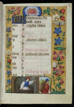 Kalendar: September; Monatsbild: Weinlese und Kelter; Tierkreiszeichen Skorpion; Trompe l'oeil-Rahmen mit Blütenzweigen und Insekten