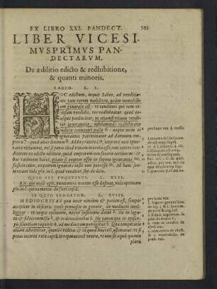 Liber vicesimusprimus Pandectarum. De aedilitio edicto & redhibitione, & quanti monoris.