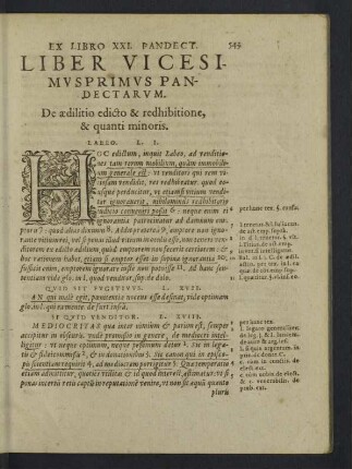 Liber vicesimusprimus Pandectarum. De aedilitio edicto & redhibitione, & quanti monoris.