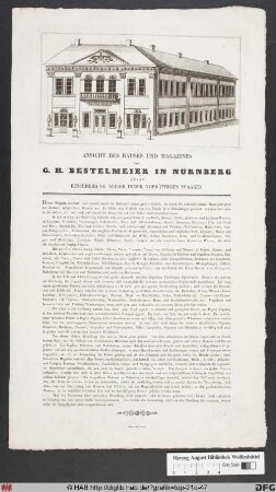 Ansicht des Hauses und Magazones von G. H. Bestelmeier in Nürnberg.