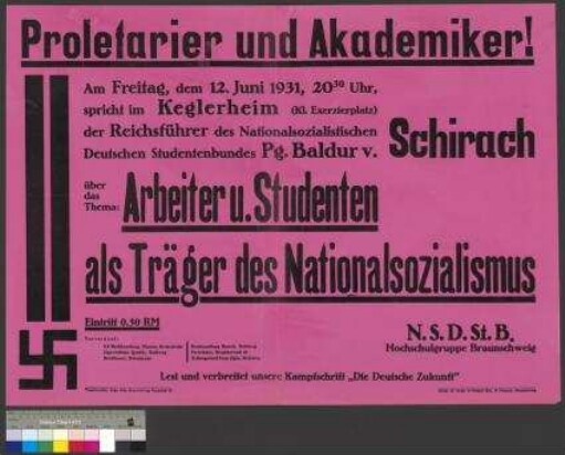 Plakat des Nationalsozialistischen Deutschen                                     Studentenbundes (NSDStB) zu einer öffentlichen Versammlung am                                     12. Juni 1931 in Braunschweig