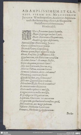 Ad Amplissimum Et Clariss. Virum Dn. Melchiorem Junium