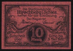 Gutschein über 10 Pfennig der Stadtgemeinde Hirschberg i. Schles.