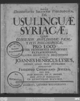 Dissertatio Solemnis Philologica, De Usu Linguæ Syriacæ