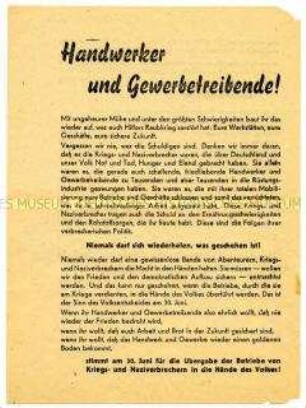 Aufruf der Handwerkskammer für das Bundesland Sachsen an die Handwerker und Gewerbetreibenden, beim Volksentscheid am 30.06.1946 für die Enteignung von Betrieben von Nazi- und Kriegsverbrechern zu stimmen