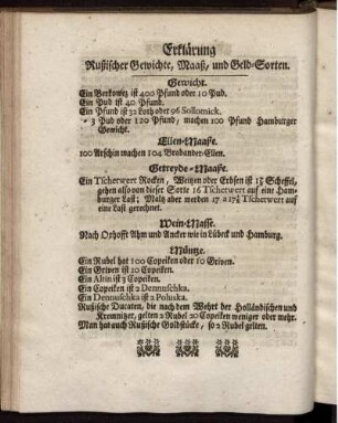 Erklärung Rußischer Gewichte, Maaß, und Geld-Sorten.
