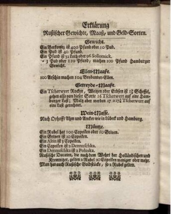 Erklärung Rußischer Gewichte, Maaß, und Geld-Sorten.