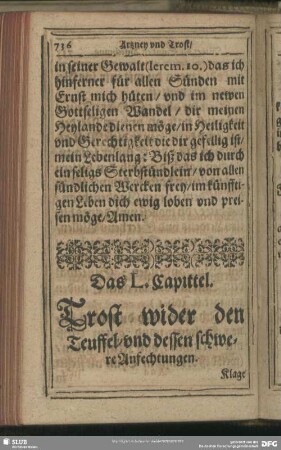 Das L. Capittel. Trost wider den Teuffel, und dessen schwere Anfechtungen