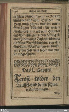 Das L. Capittel. Trost wider den Teuffel, und dessen schwere Anfechtungen