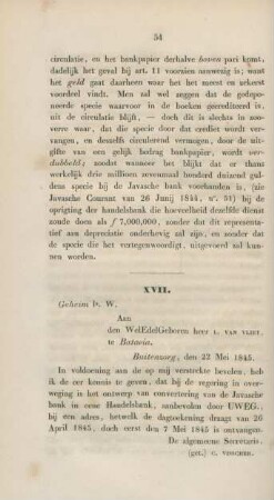 XVII. Geheim 1a. W. Aan den WelEdelGeboren heer L. van Vliet, de Batavia.