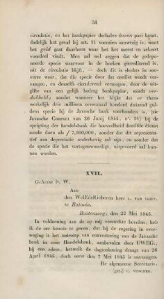 XVII. Geheim 1a. W. Aan den WelEdelGeboren heer L. van Vliet, de Batavia.