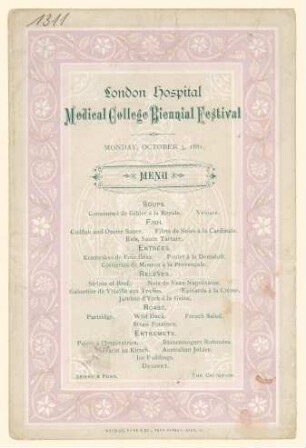 Menükarte : London Hospital Medical College Biennial Festival, Spiers & Pond, The Criterion