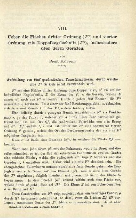 VIII. Ueber die Flächen dritter Ordnung (F³) und vierter Ordnung mit Doppelkegelschnitt (...), insbesondere über deren Geraden.