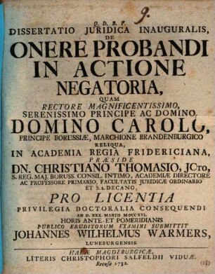 Dissertatio iuridica inauguralis de onere probandi in actione negatoria