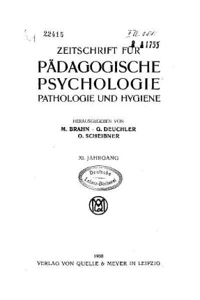 11: Zeitschrift für pädagogische Psychologie und Jugendkunde - 11.1910