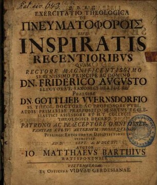 Exercitatio theologica de pneumatophorois sive inspiratis recentioribus