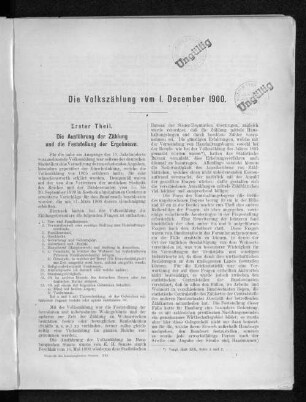 Erster Theil. Die Ausführung der Zählung und die Feststellung der Ergebnisse.