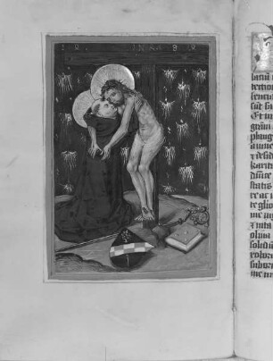 Gebetbuch — Der gekreuzigte Jesus umarmt den heiligen Bernhard, Folio 72verso