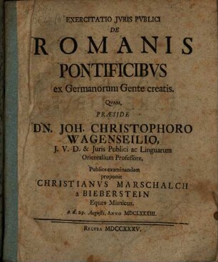 Exercitatio ... de Romanis pontificibus ex Germanorum gente creatis