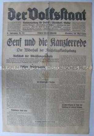 Regionale sozialdemokratische Wochenzeitung "Der Volksstaat" u.a. zur Reaktion der Völkerbundes in Genf auf die Rede Hitlers