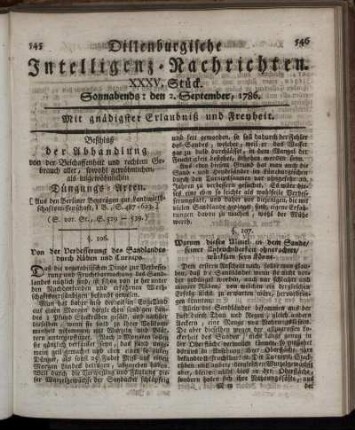 XXXV. Stück. Sonnabends: den 2. September, 1786.